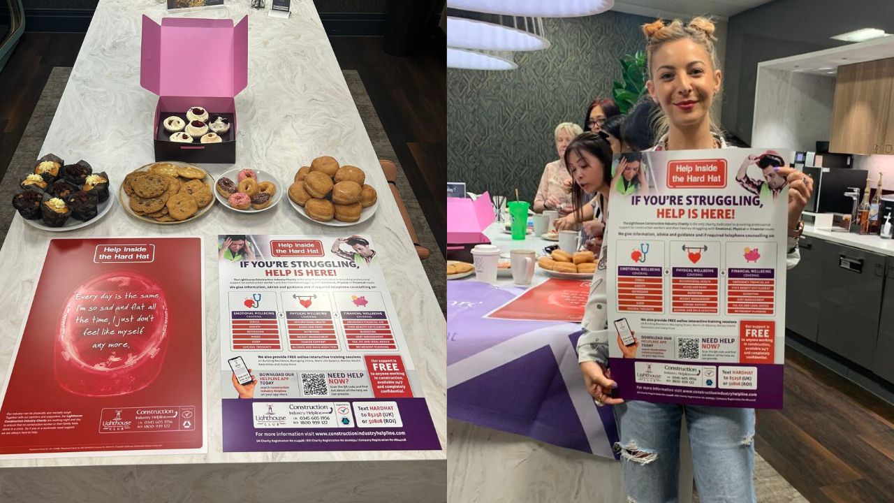 Cakes and Muffins on a kitchen table displayed with posters for Mental health support and Cruse Bereavment